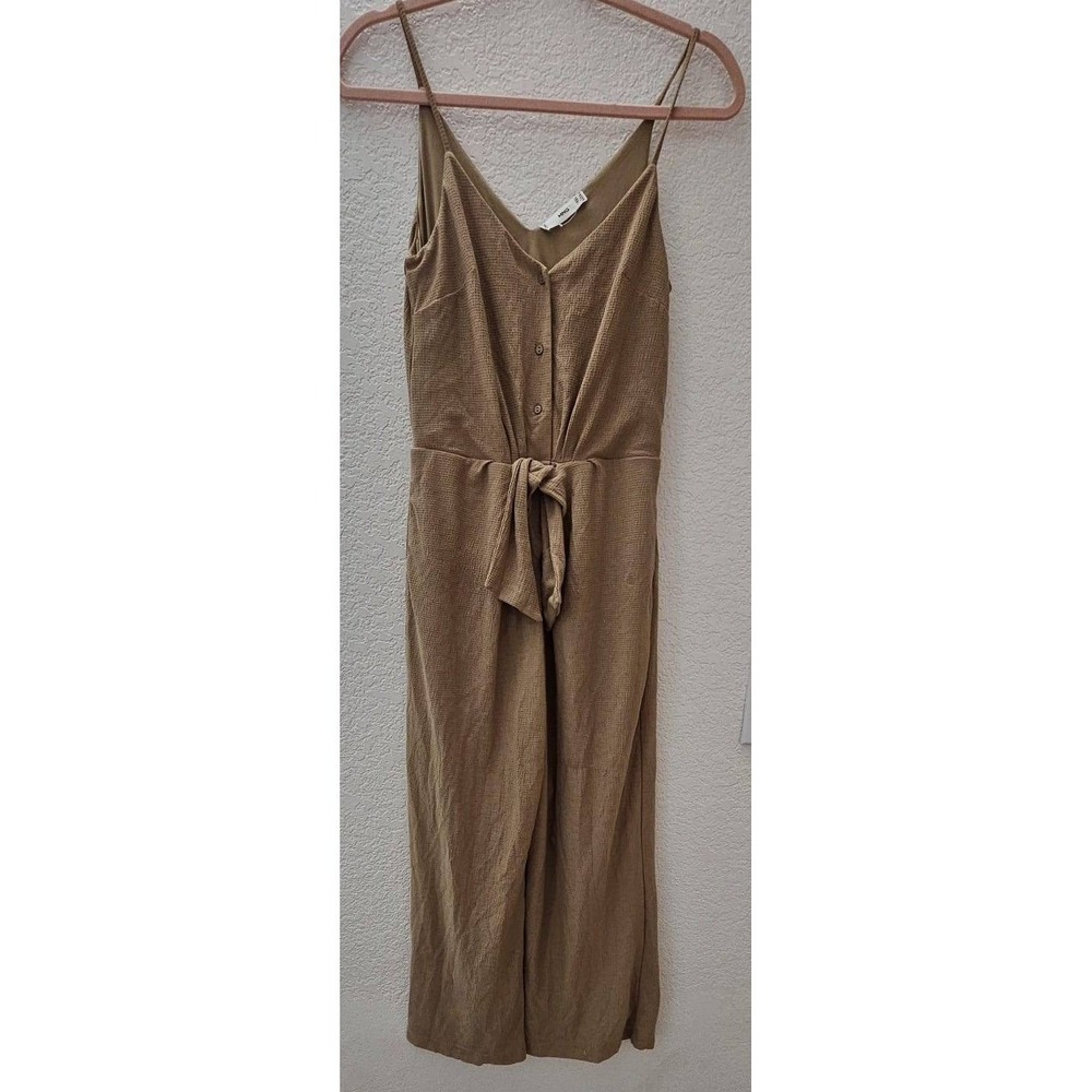 Mango MNG Women Tan Brown Waffle Knit Tie Front Wide‎ Leg Jumpsuit XXS
